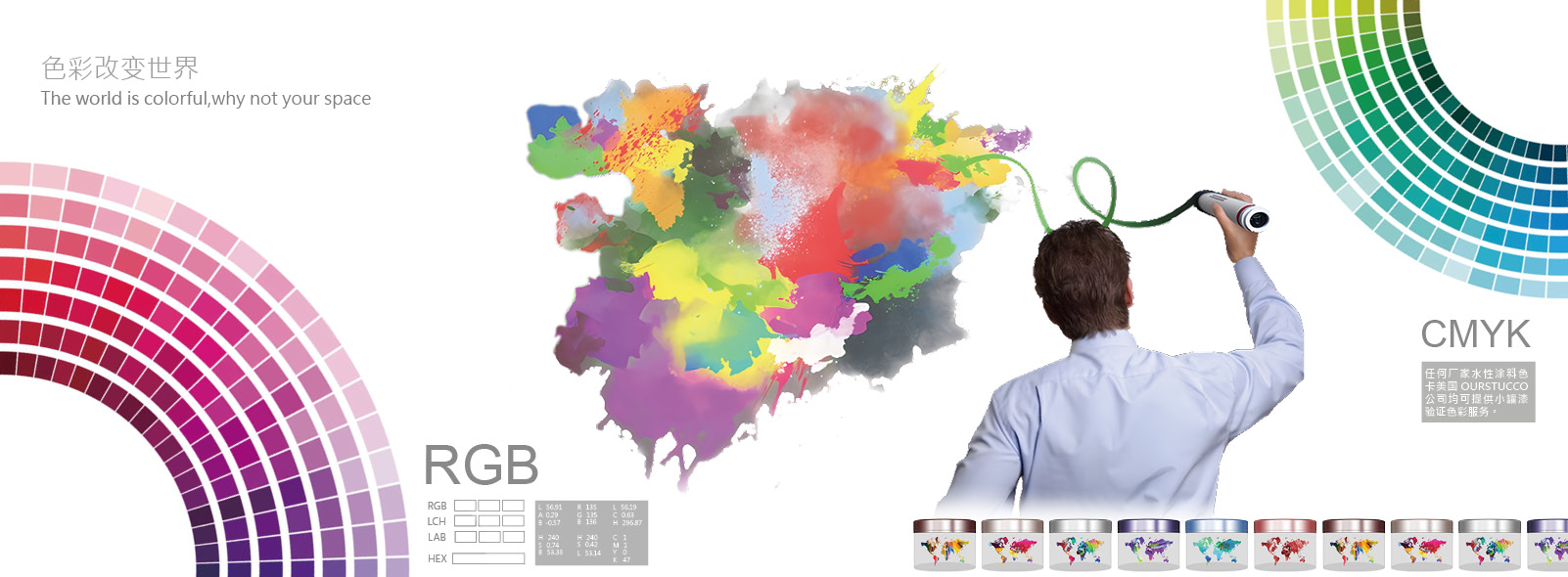 色彩改變(biàn)世界 &所見(jiàn)即所得色彩系統 全球唯一的設(shè)計(jì)師專用屏幕RGB校色系統 任何圖片，效果圖的屏幕RGB值，設計師均可以通過美國OURSTUCCO公司專業色彩系統的實際塗料色彩數據庫，準確判斷或驗證其在實際裝飾空間中，用水性塗料施工時的色彩還原性，確保屏幕RGB色彩，與現實世界的塗料色彩CMYK的準確還原。同時OURSTUCCO公司可提供實色小罐漆驗色服務。 附加子系統： 1.全球任何塗料品牌水性色卡(均可以提供調色服務)，系統色彩覆蓋全球任何傳統塗料品牌的6~9色階分布的2000~3000色色卡，可精準調色和驗色。 2.可以實現建築牆面色彩CMYK到電腦屏幕RGB色彩轉換(瑞士Datacolor終端取色設備(bèi))，爲色彩數字化設計和傳(chuán)遞提供保證。 3.高精度電腦調色雲服務系統，0.03克重複精度95%，提供小罐漆色彩體驗，牆、地色彩調色記錄終身存檔。